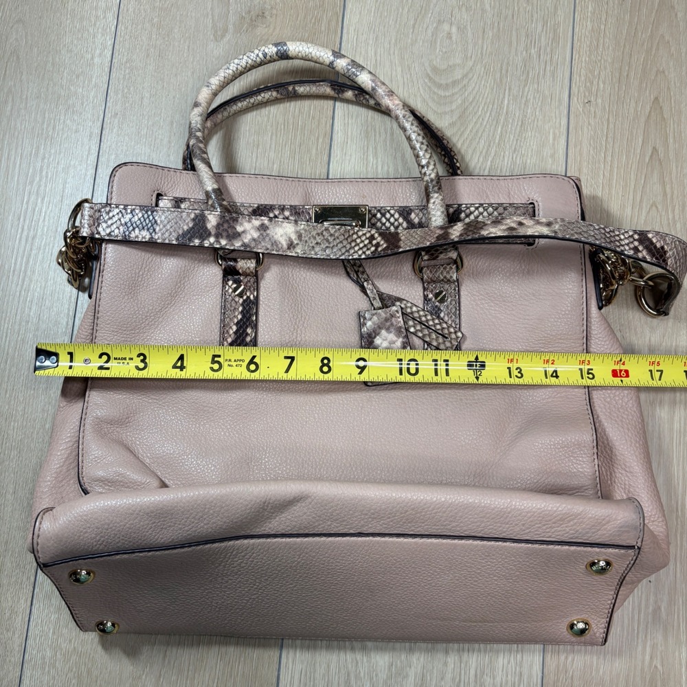 Michael Kors Hamilton Pebbled Leather Snakeskin Trim Tote Bag Beige Gold - Picture 10 of 12